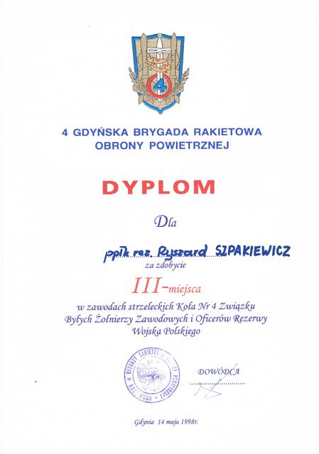 Dyplom od dowódcy 4. BR OP.