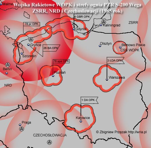 Strefa ognia 78 pr OPK na tle stref ognia PZR S-200 w ZSSR, NRD i Czechosłowacji w 1985 roku.