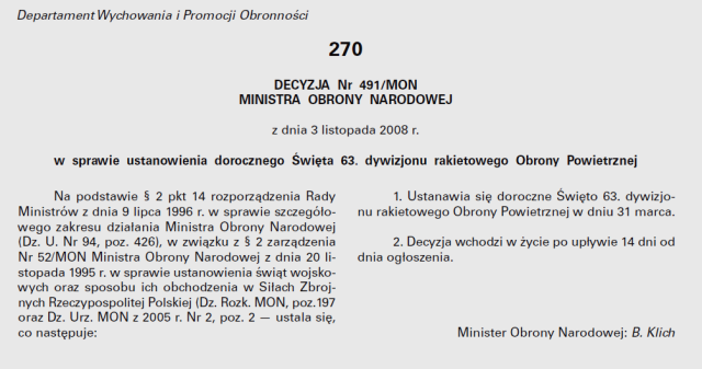 Decyzja 491/MON z dnia 3 listopada 2008.