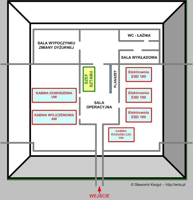 Szkic pomieszczeń w typowym schronie sprzętu SNR i obsług baterii radiotechnicznej dywizjonu.